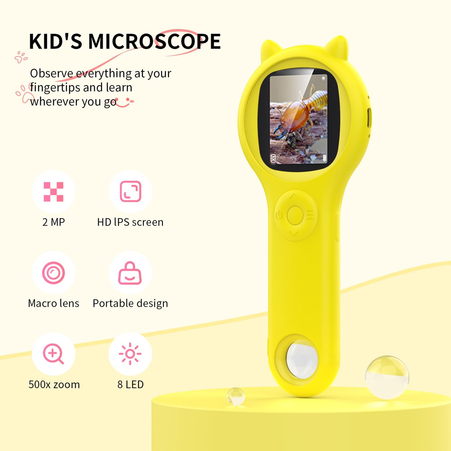 Ashfly Handheld Microscope for Kids – 200x Magnification, 2-Inch LCD, Yellow