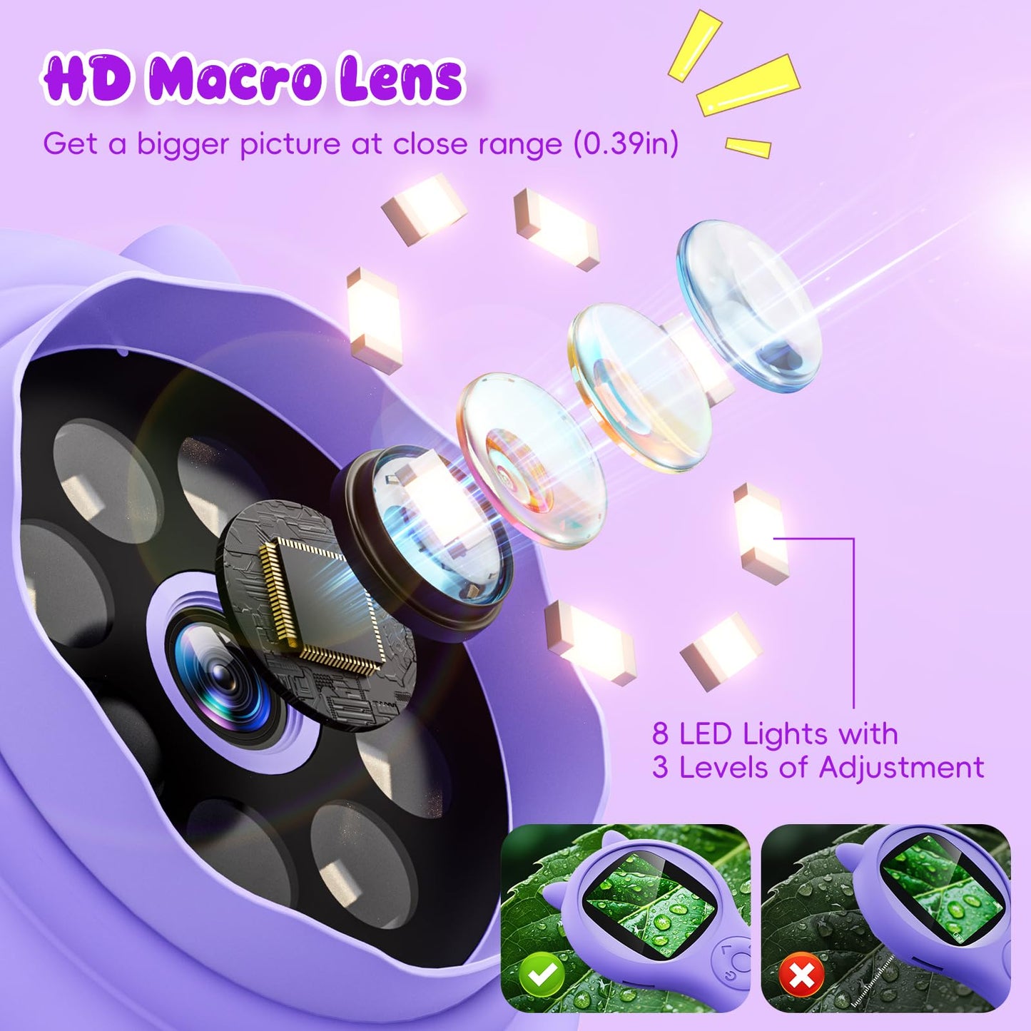 Ashfly Kids Microscope (Purple) - Mini Pocket Digital Microscope for Ages 5-12, 2-Inch Screen, 500x Autofocus, STEM Toy