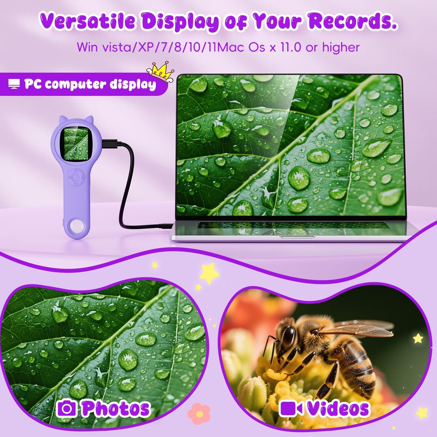Ashfly Kids Microscope (Purple) - Mini Pocket Digital Microscope for Ages 5-12, 2-Inch Screen, 500x Autofocus, STEM Toy