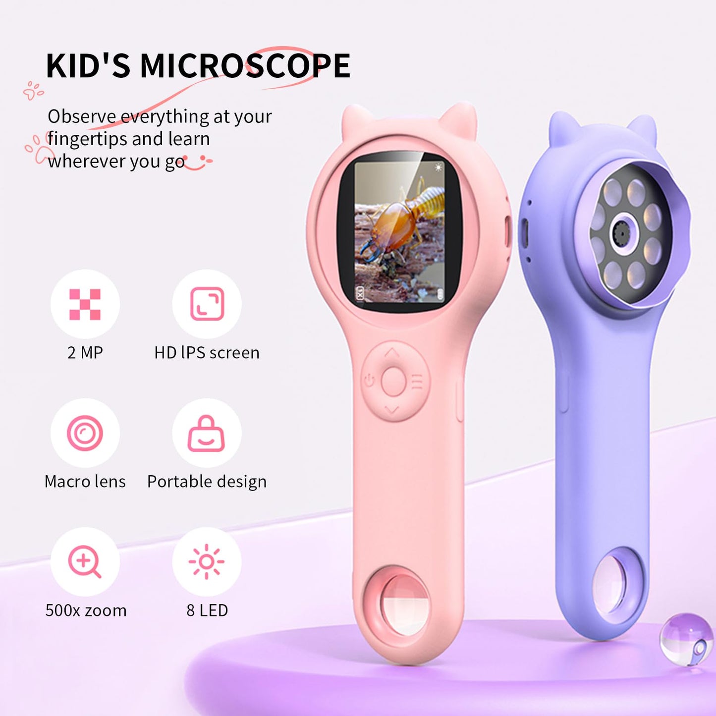 Ashfly Kids Microscope (Purple) - Mini Pocket Digital Microscope for Ages 5-12, 2-Inch Screen, 500x Autofocus, STEM Toy