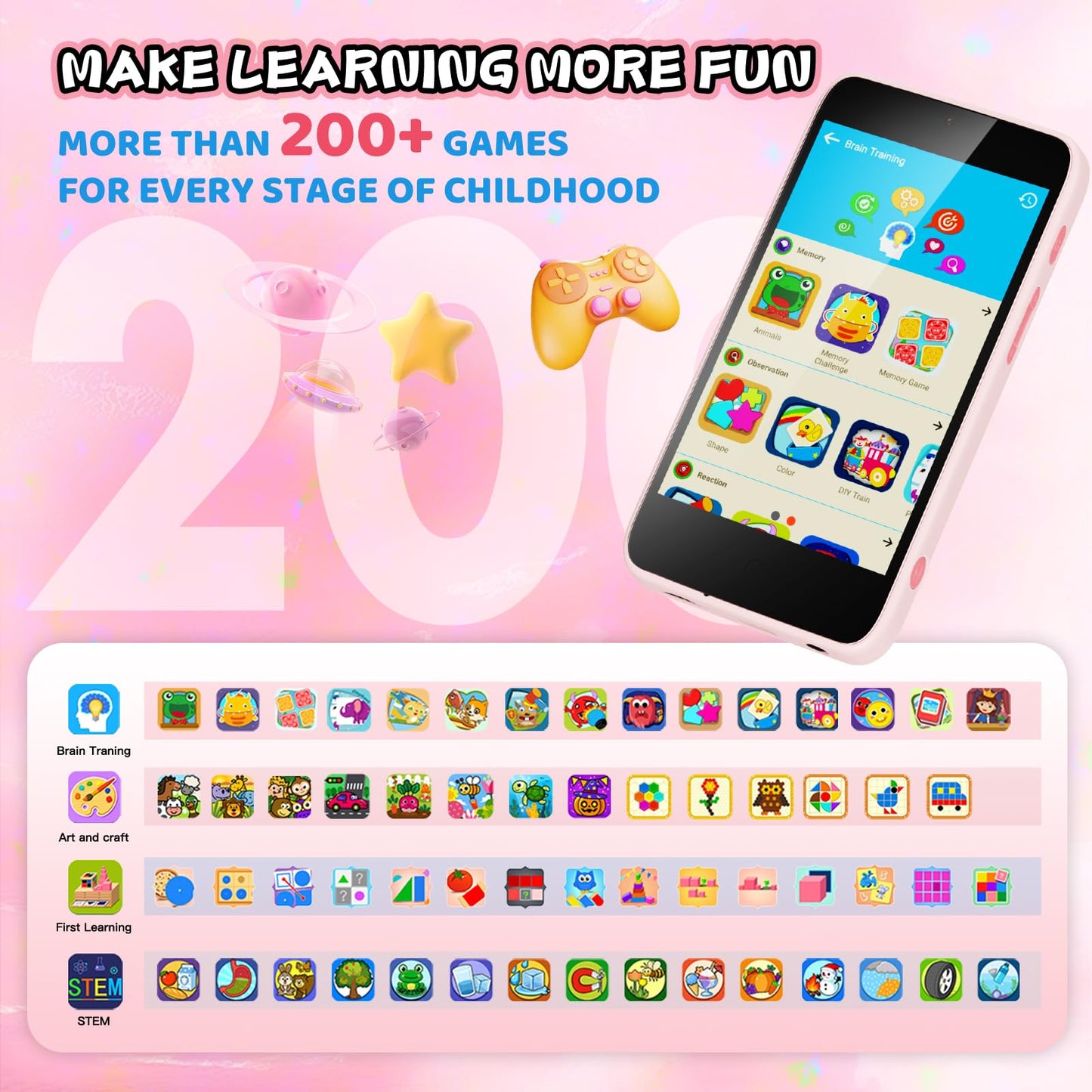 Ashfly Kids Smart Phone: 3.97-inch Touchscreen with 210+ Learning Games & 190+ Drawing Activities | STEM Toy for Ages 3–12