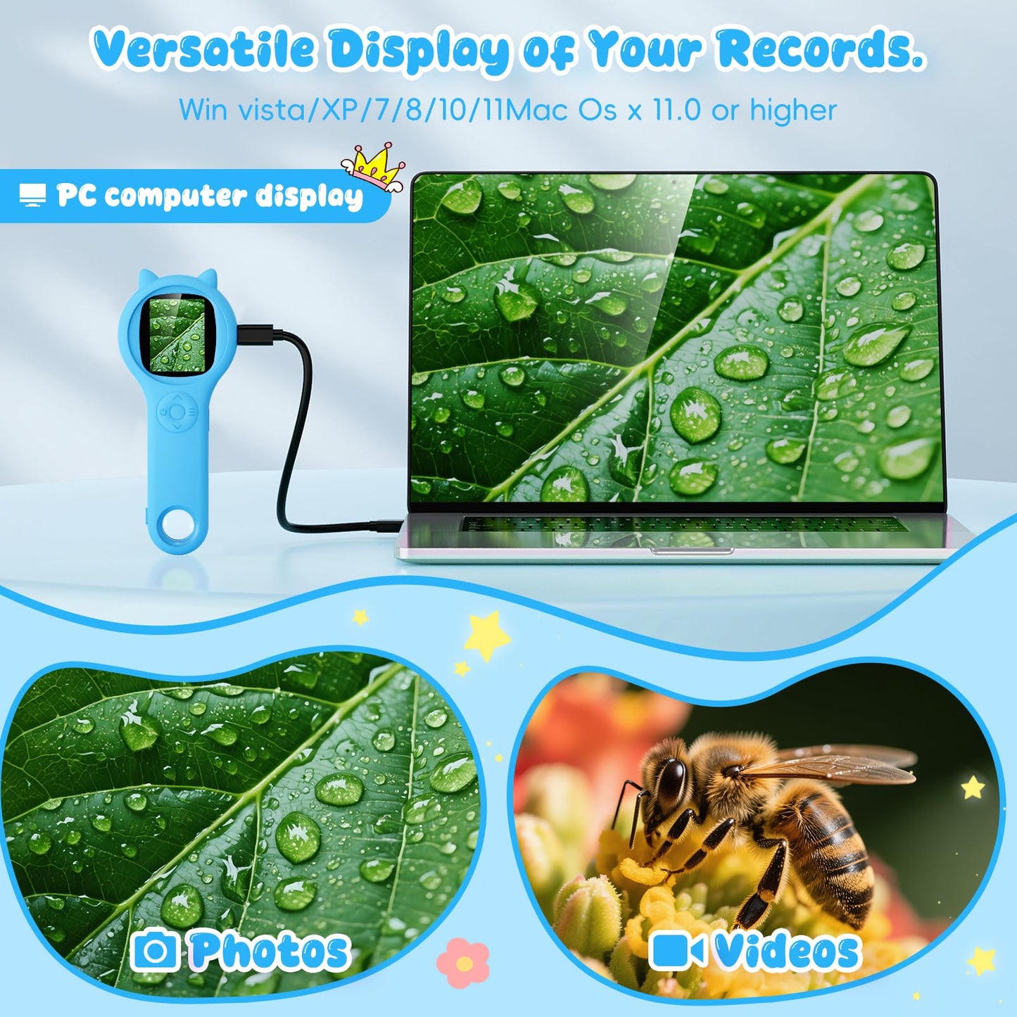 Ashfly Kids LED Pocket Microscope – 2-Inch Screen, 500x Magnification, Educational Science Kit (Ages 3-10) – Blue
