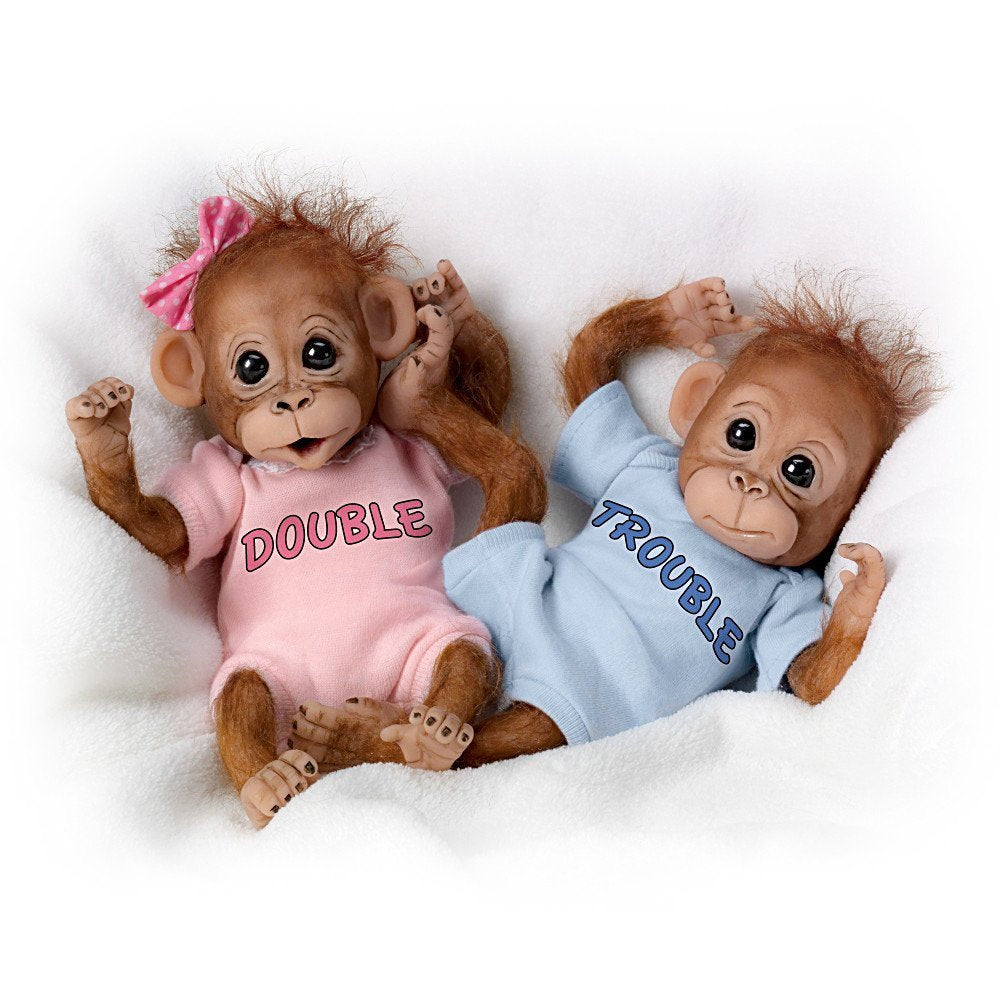The Ashton-Drake Galleries Double Trouble Baby Orangutan Twin Dolls by Cindy Sales – Poseable Lifelike Monkey Dolls