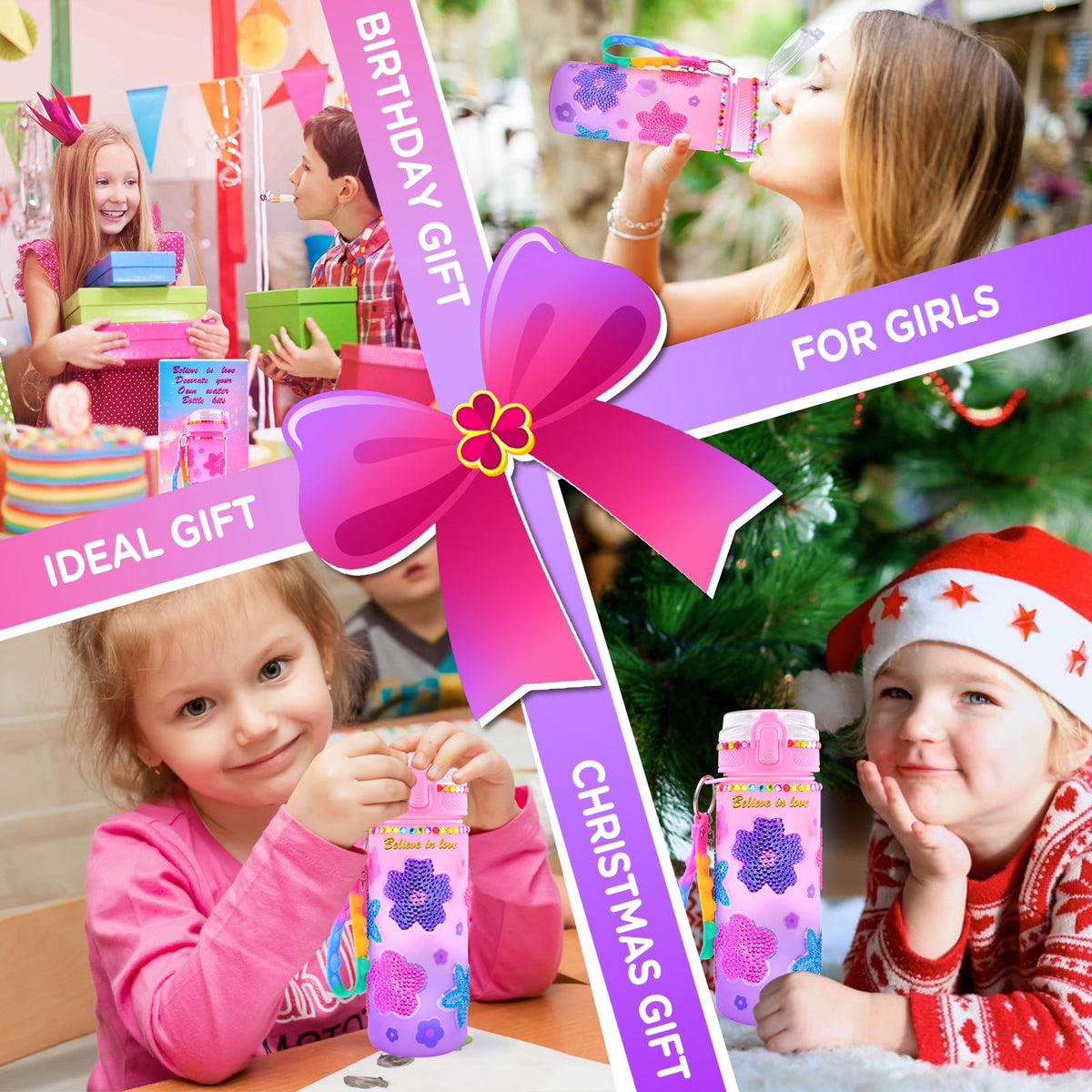 ASIOWELY Decorate Your Own Water Bottle Kit for Kids – Flower Diamond Painting & Fidget Lanyard