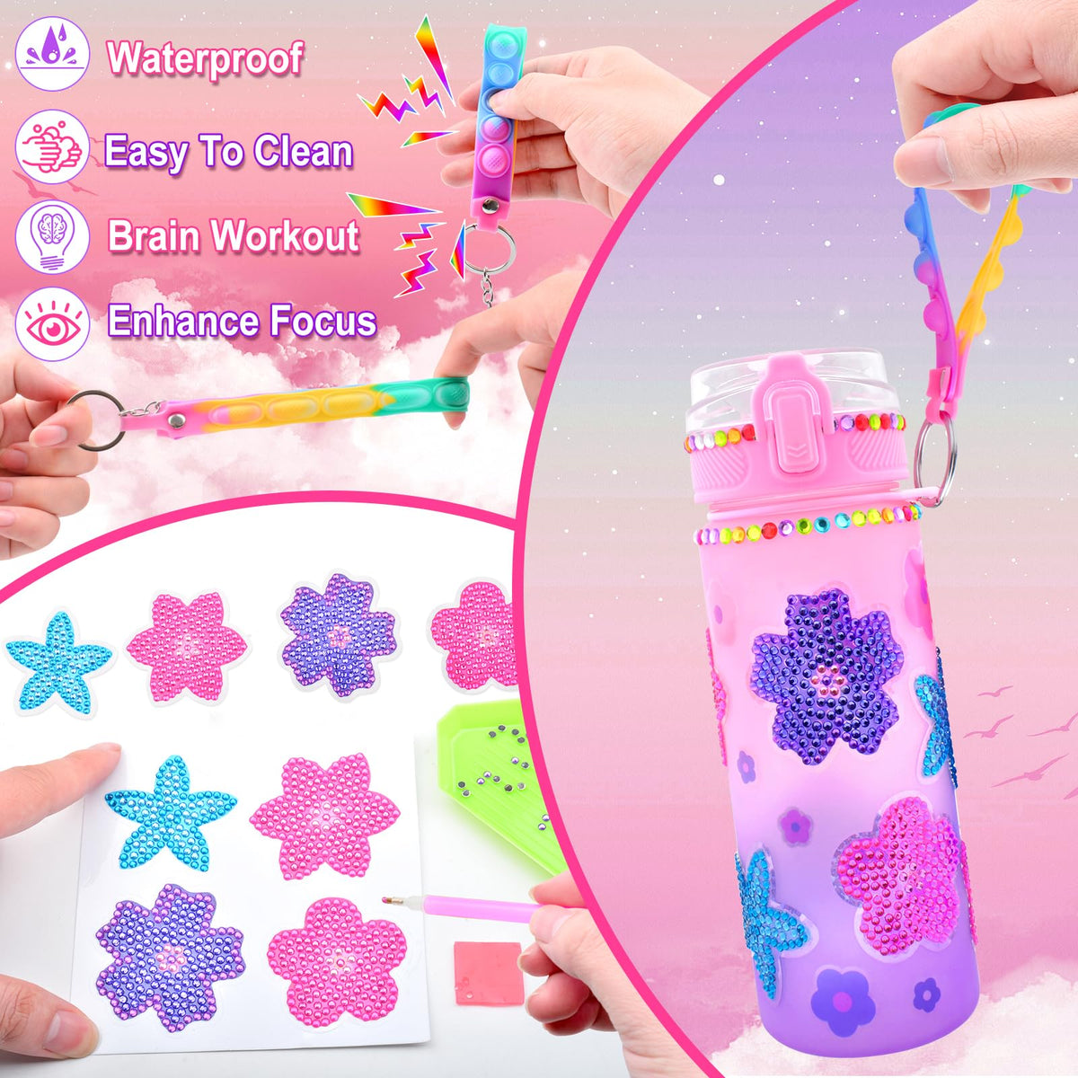 ASIOWELY Decorate Your Own Water Bottle Kit for Kids – Flower Diamond Painting & Fidget Lanyard