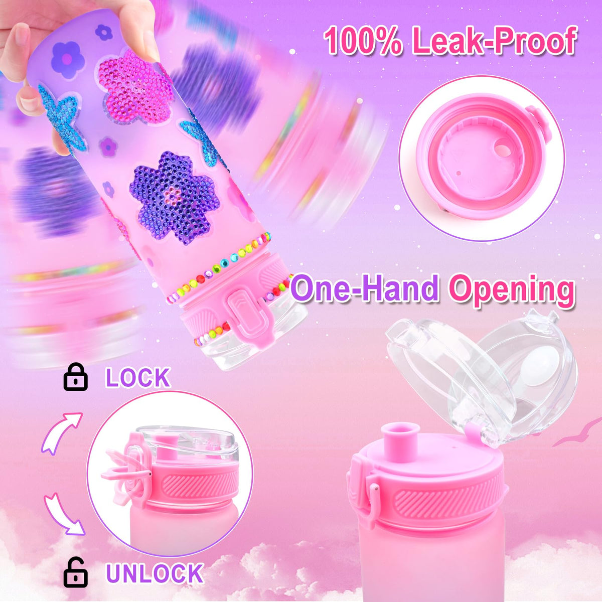 ASIOWELY Decorate Your Own Water Bottle Kit for Kids – Flower Diamond Painting & Fidget Lanyard