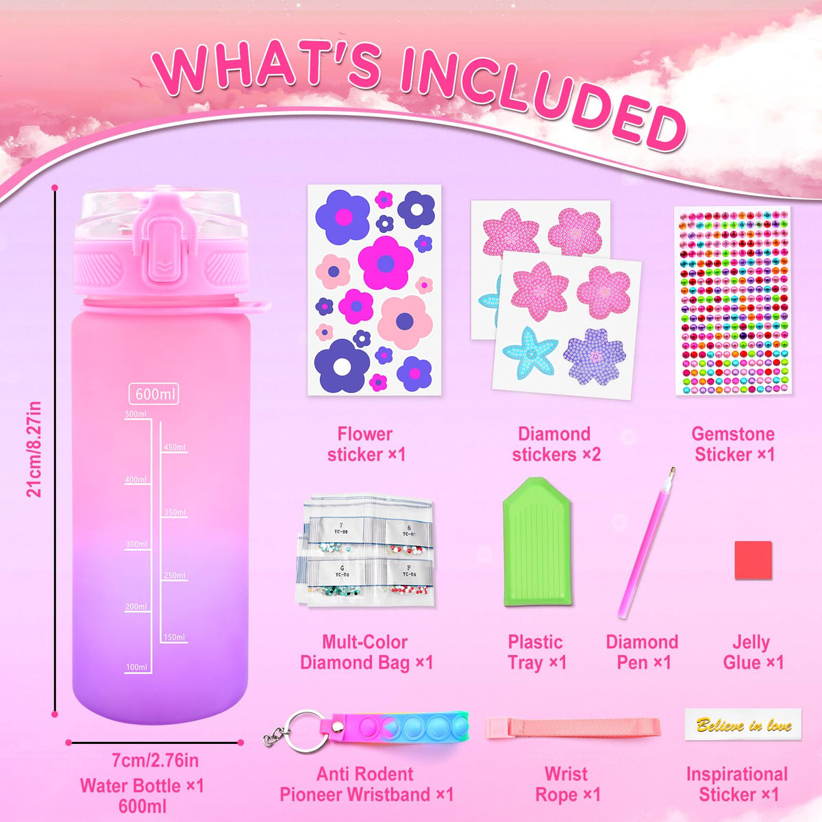 ASIOWELY Decorate Your Own Water Bottle Kit for Kids – Flower Diamond Painting & Fidget Lanyard