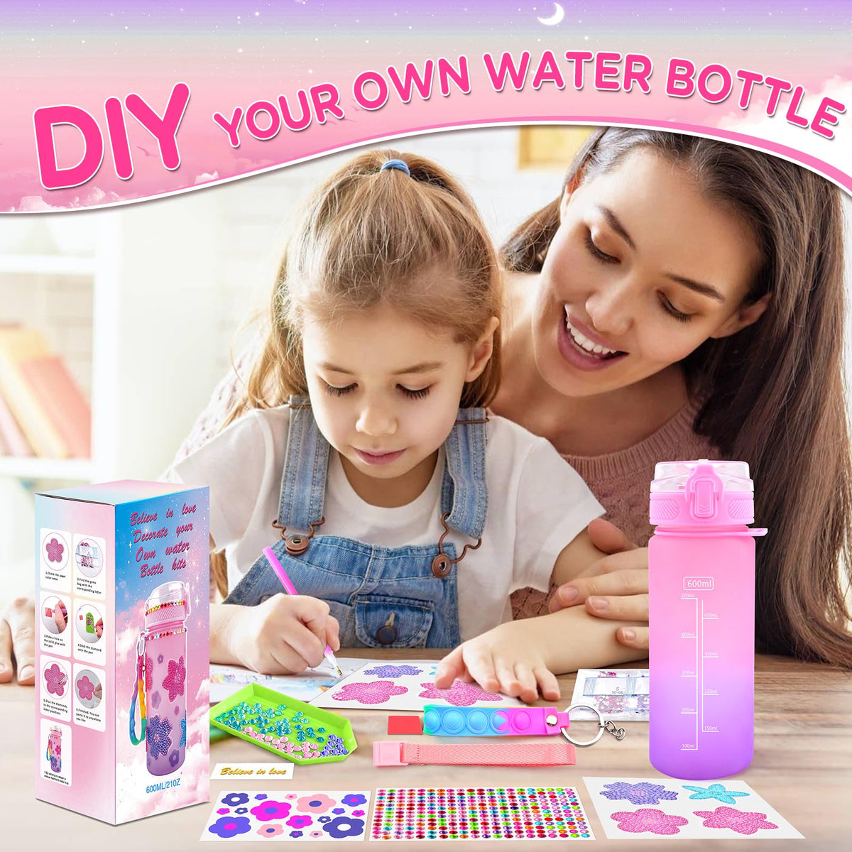ASIOWELY Decorate Your Own Water Bottle Kit for Kids – Flower Diamond Painting & Fidget Lanyard
