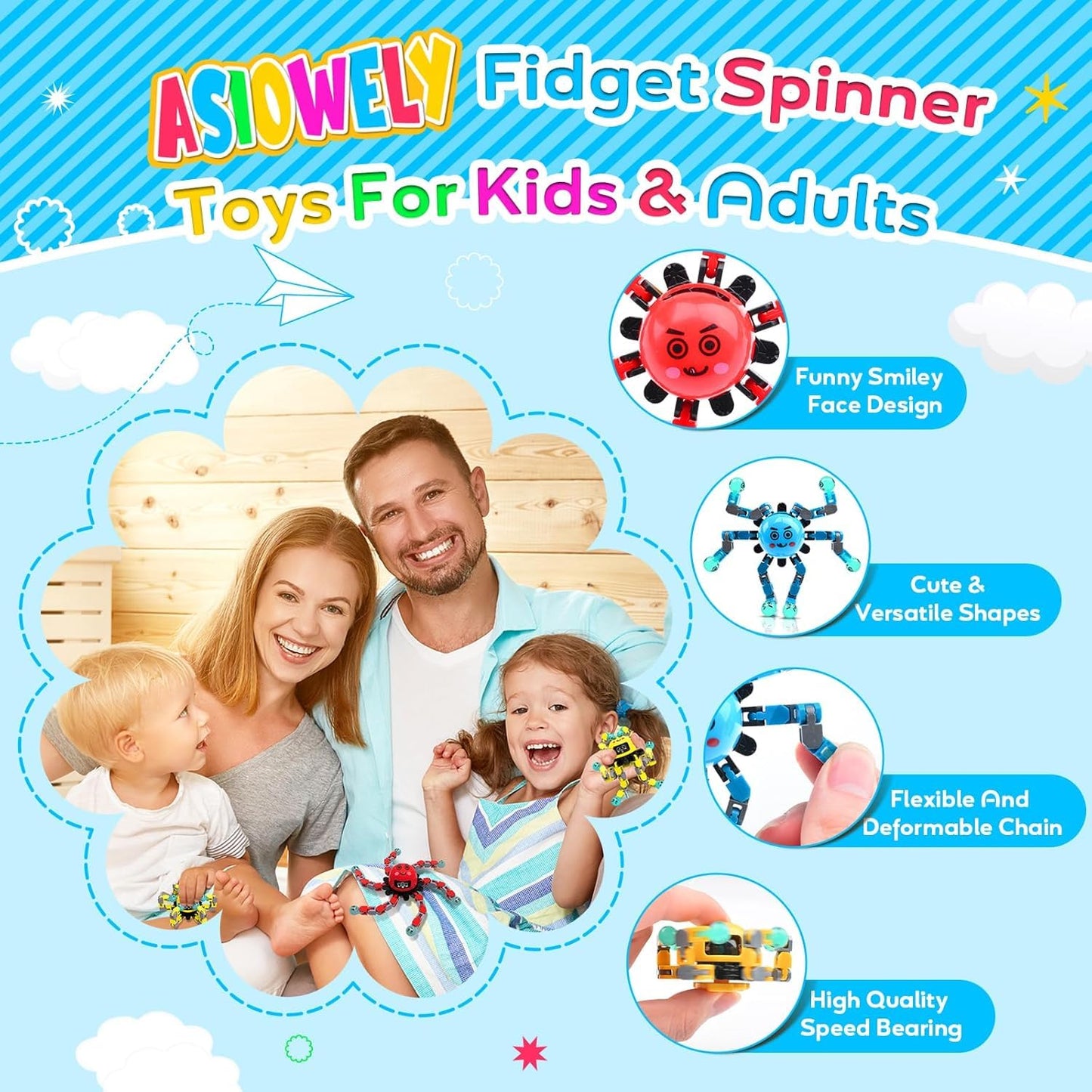 ASIOWELY Transformable Fidget Spinners — 6-Pack Sensory Toys for Focus, Travel, and Fun