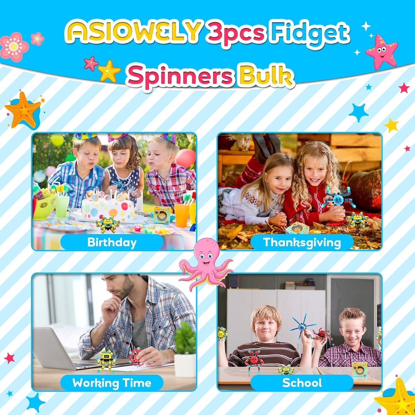 ASIOWELY Transformable Fidget Spinner - 3-Pack Sensory Toys for Focus & Stress Relief
