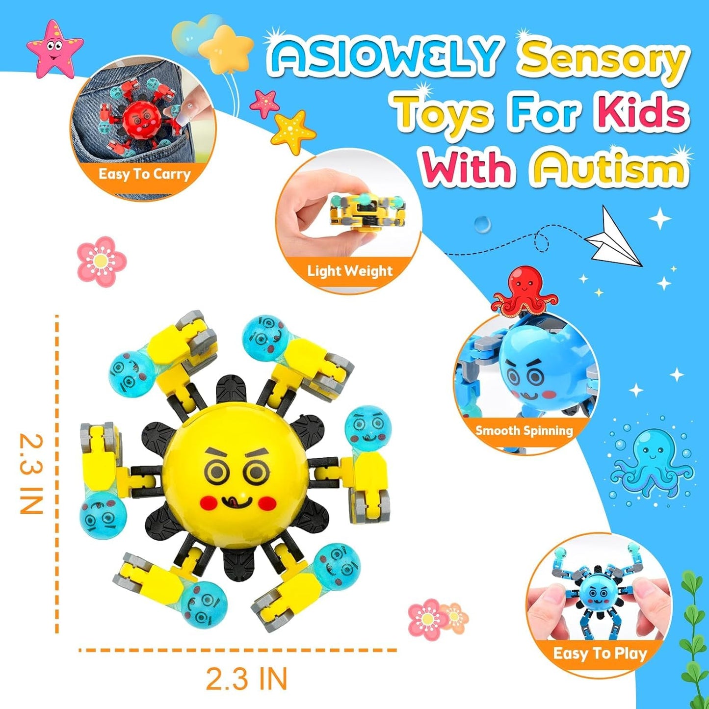 ASIOWELY Transformable Fidget Spinner - 3-Pack Sensory Toys for Focus & Stress Relief