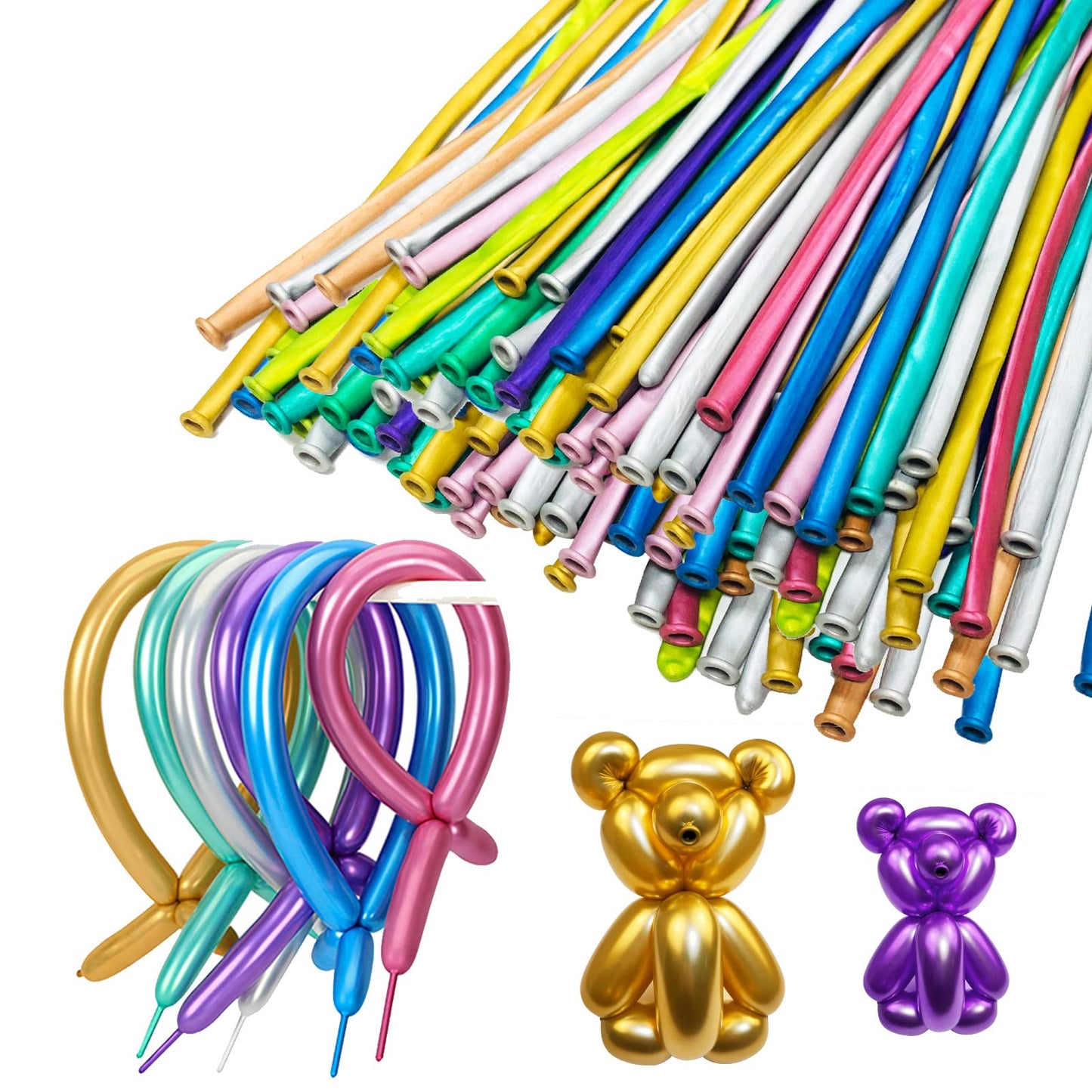 ASIYUHY Metallic 260 Long Balloons – 100 Pack Multicolor Twisting Animals