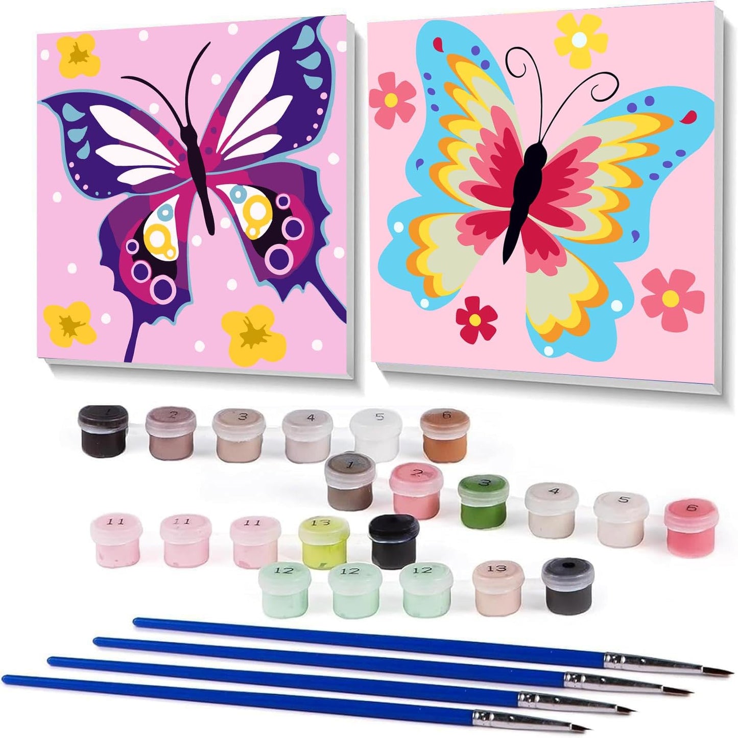 AskKQTX 2-Pack Butterfly Paint by Number Kit for Kids – Easy 8x8 Inch Canvas with Wooden Frame