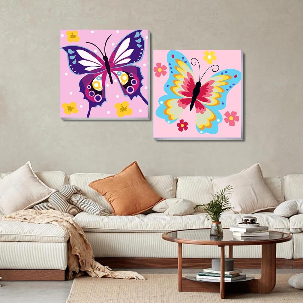 AskKQTX 2-Pack Butterfly Paint by Number Kit for Kids – Easy 8x8 Inch Canvas with Wooden Frame