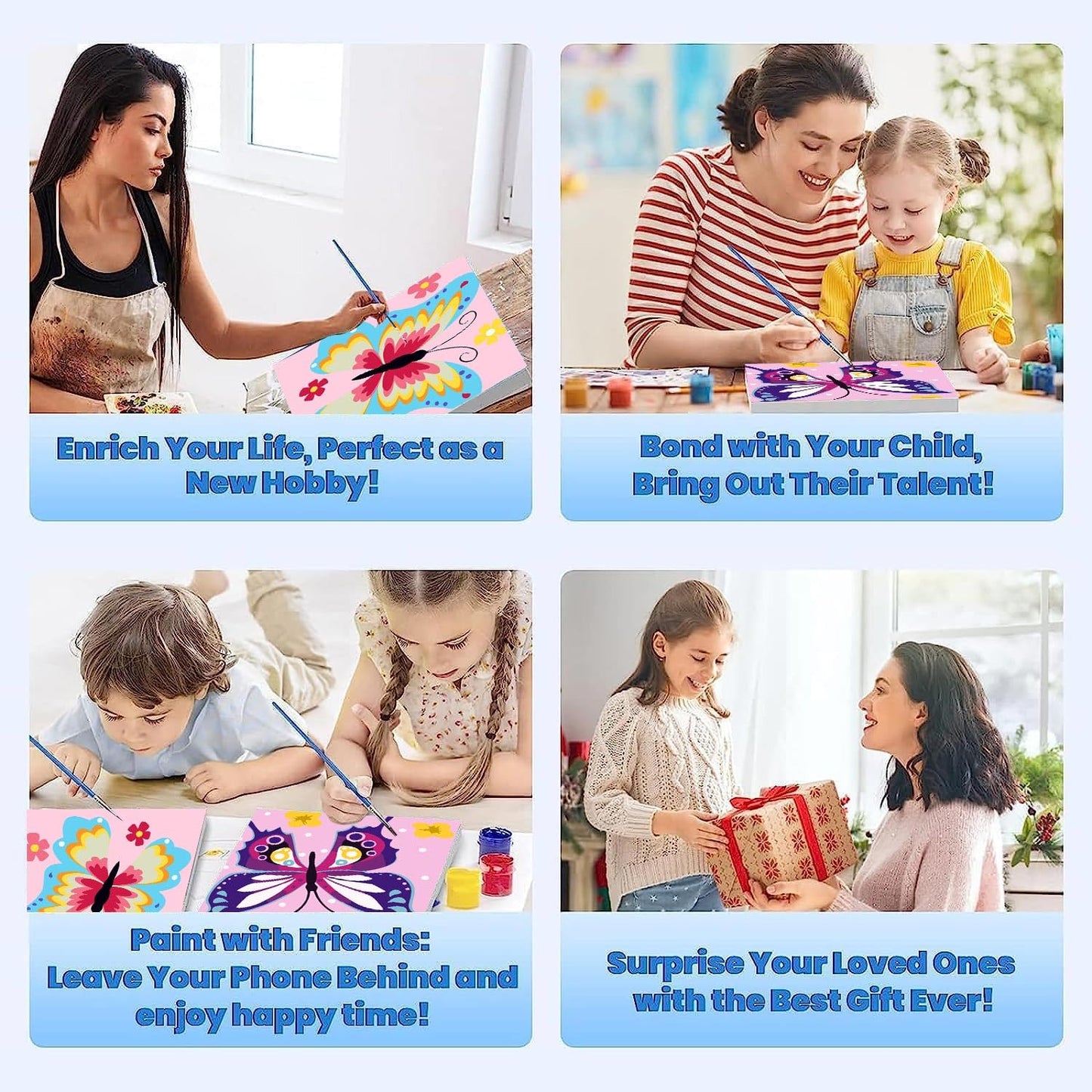 AskKQTX 2-Pack Butterfly Paint by Number Kit for Kids – Easy 8x8 Inch Canvas with Wooden Frame