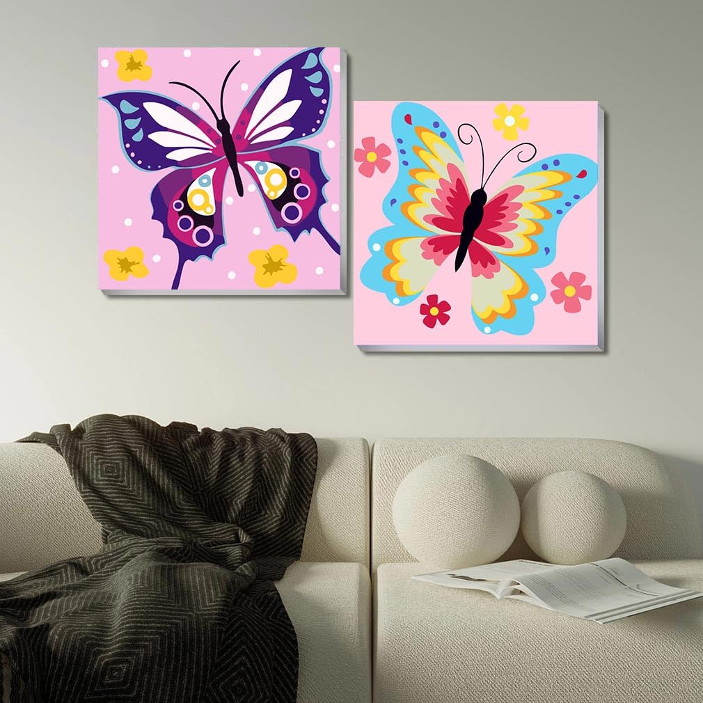 AskKQTX 2-Pack Butterfly Paint by Number Kit for Kids – Easy 8x8 Inch Canvas with Wooden Frame