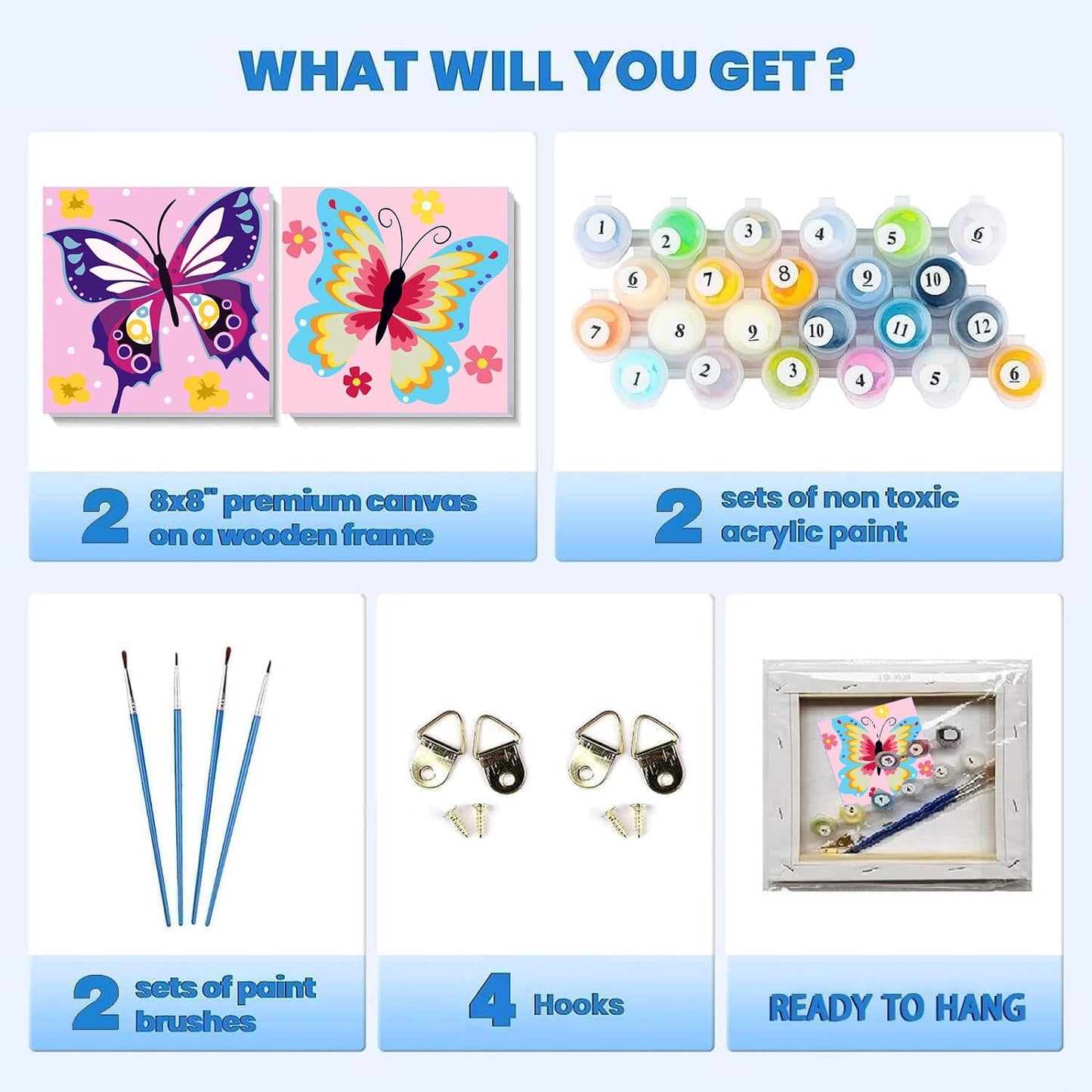 AskKQTX 2-Pack Butterfly Paint by Number Kit for Kids – Easy 8x8 Inch Canvas with Wooden Frame