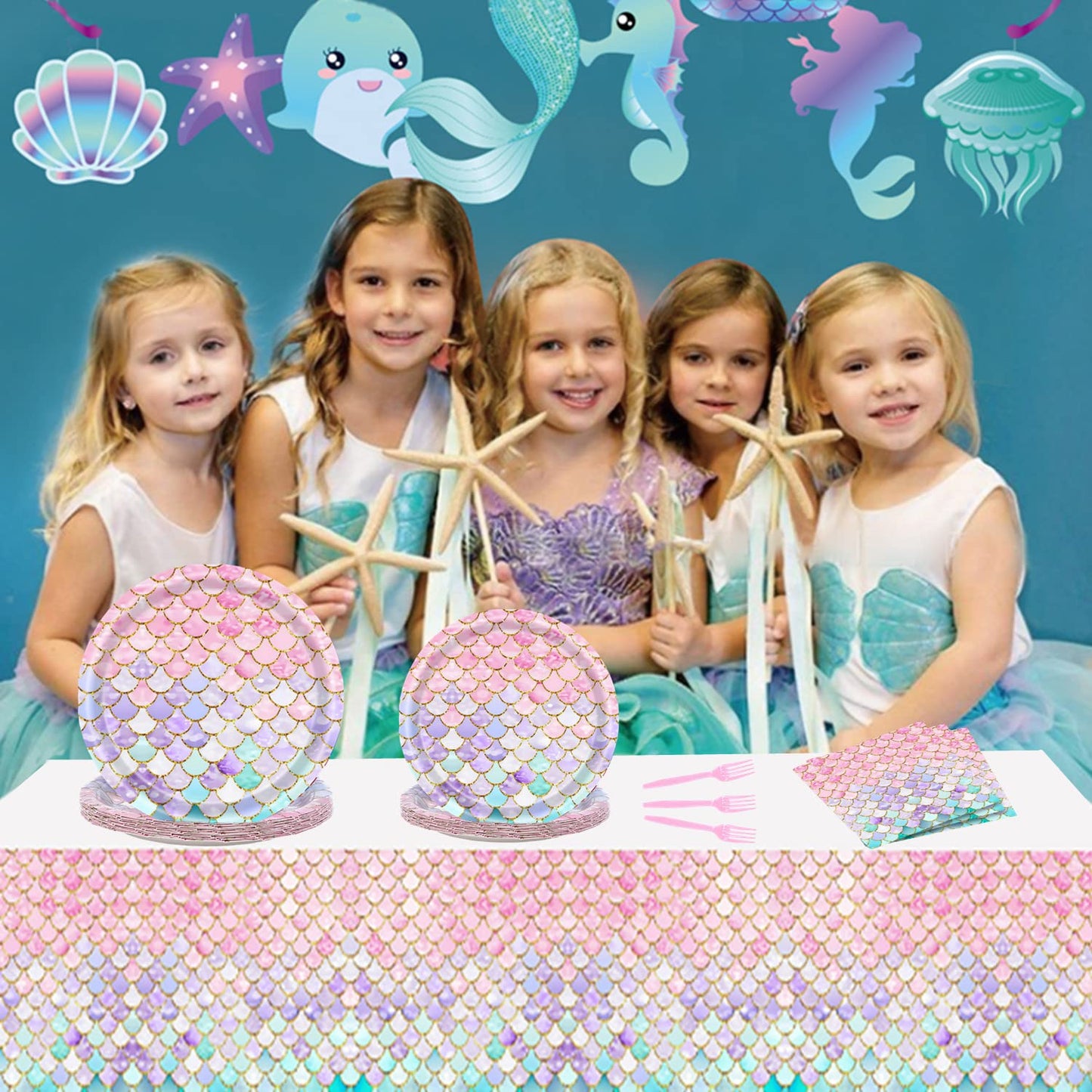 Askljeby 96 Pcs Mermaid Birthday Party Decorations — Plates, Napkins & Forks for 24 Guests