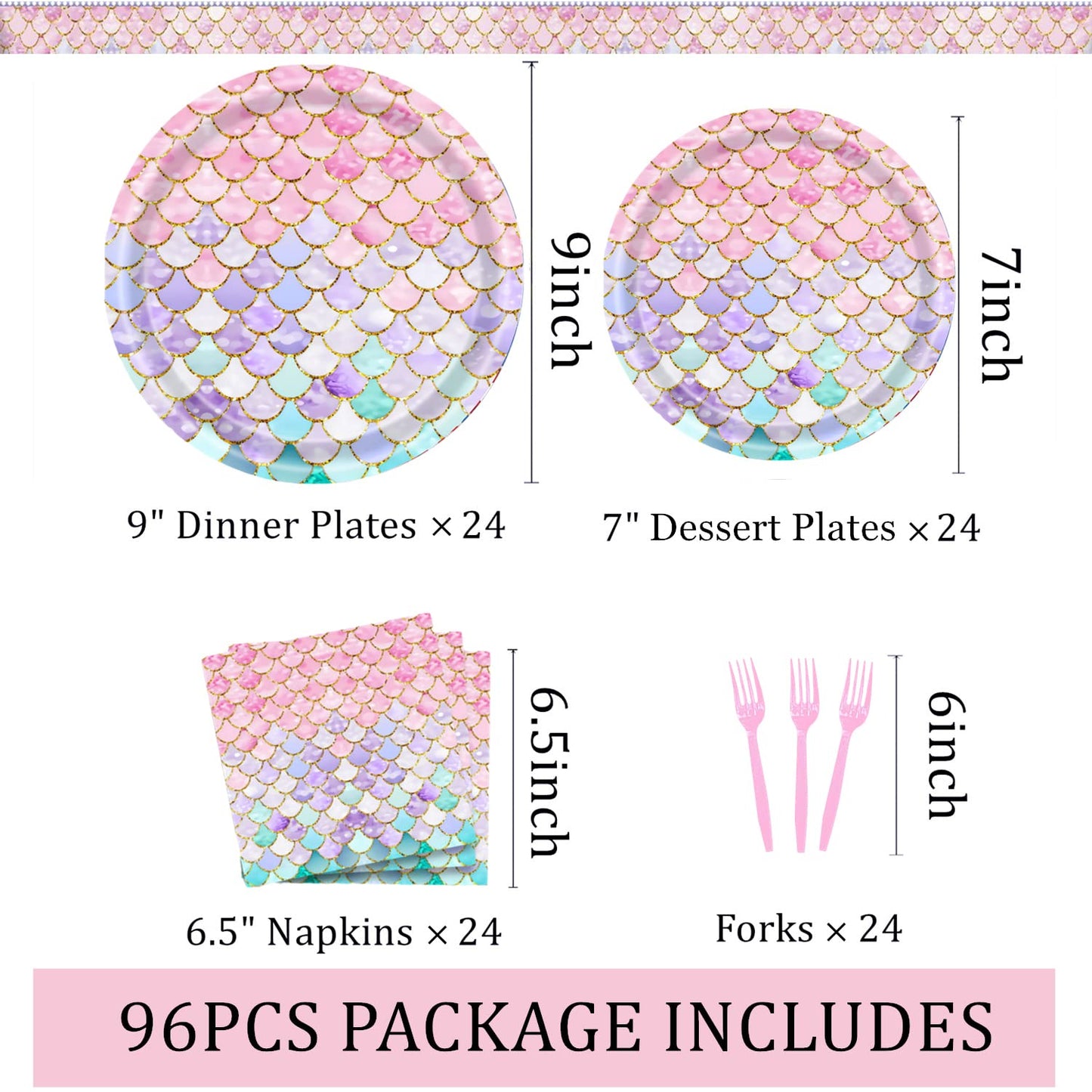 Askljeby 96 Pcs Mermaid Birthday Party Decorations — Plates, Napkins & Forks for 24 Guests