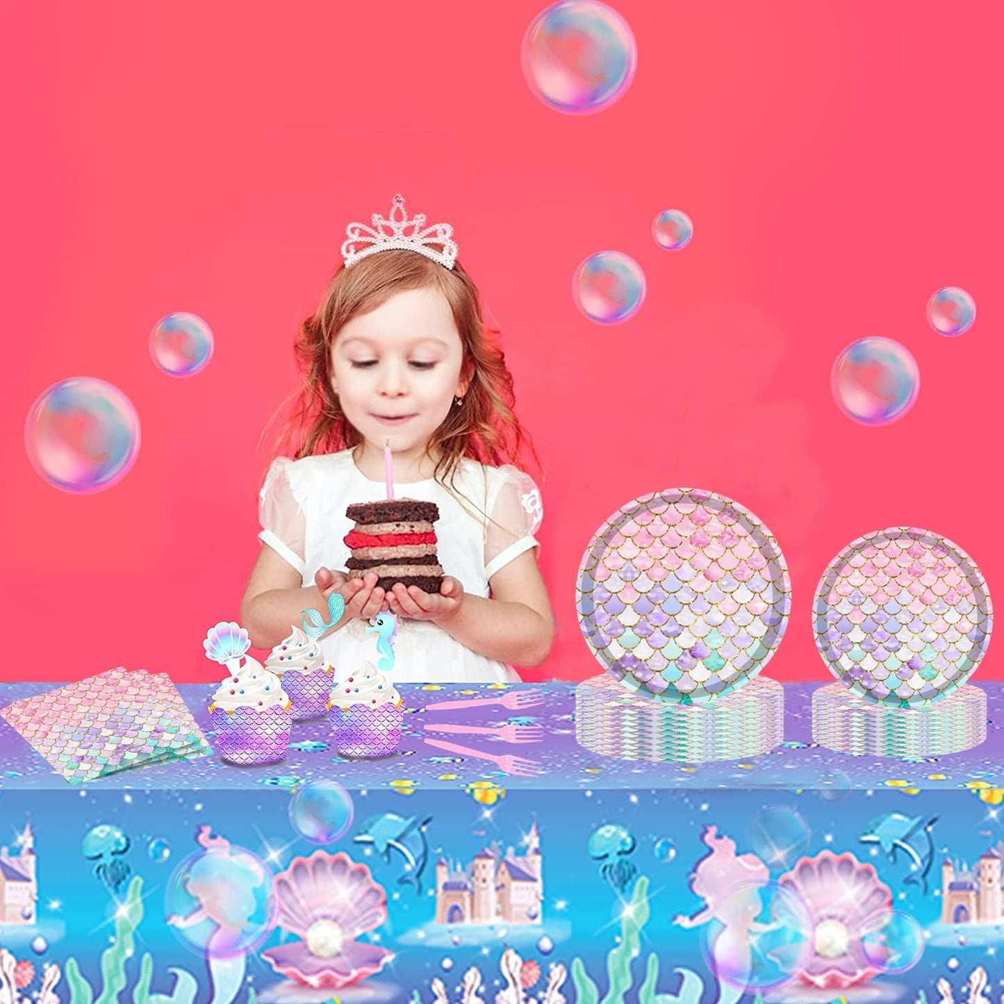 Askljeby 96 Pcs Mermaid Birthday Party Decorations — Plates, Napkins & Forks for 24 Guests