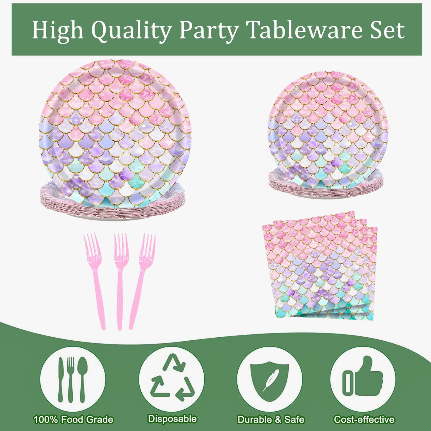 Askljeby 96 Pcs Mermaid Birthday Party Decorations — Plates, Napkins & Forks for 24 Guests