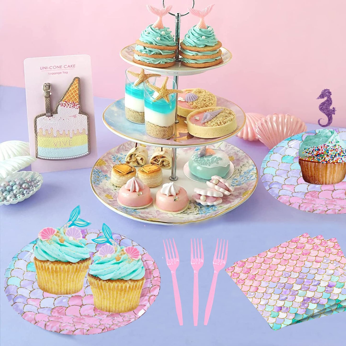 Askljeby 96 Pcs Mermaid Birthday Party Decorations — Plates, Napkins & Forks for 24 Guests