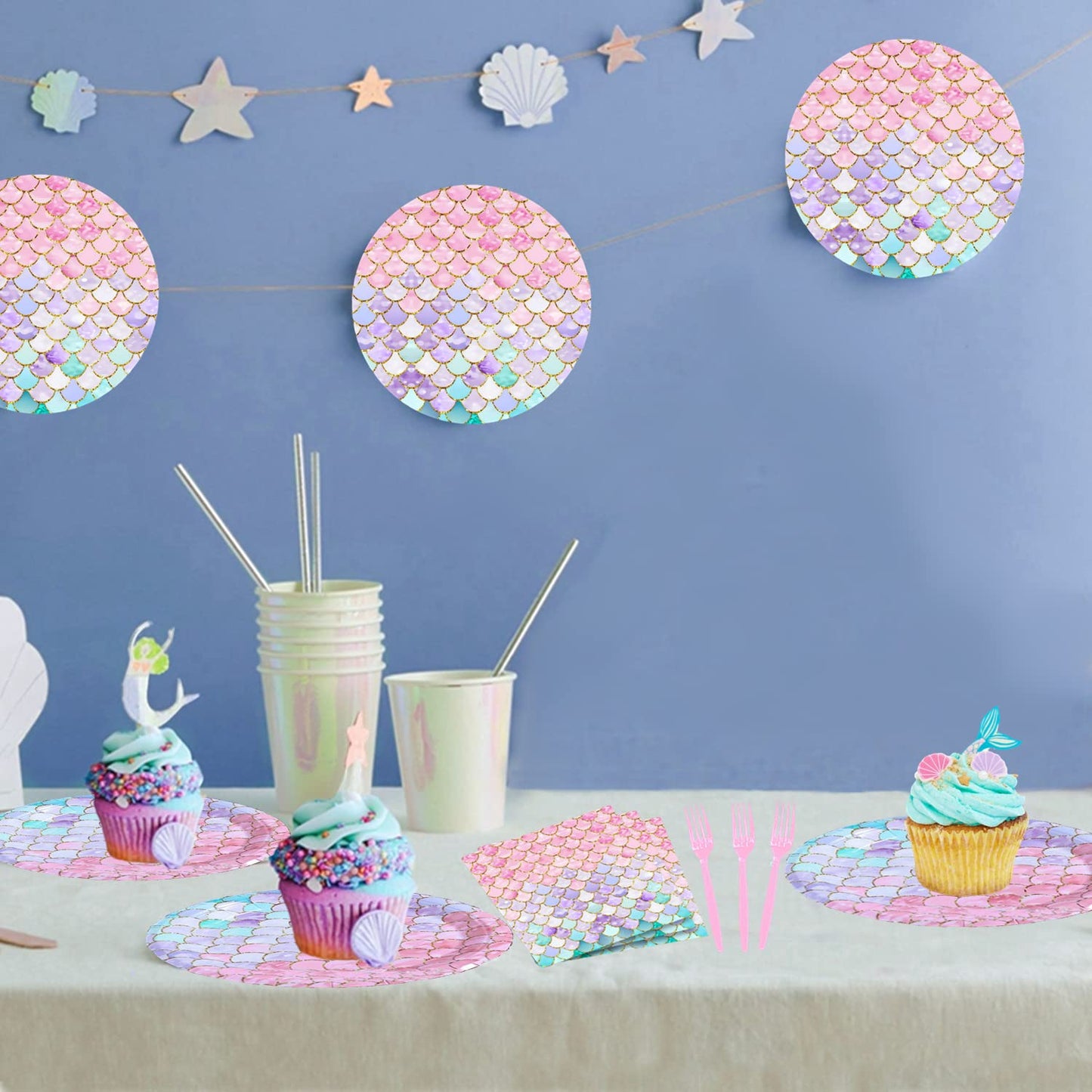 Askljeby 96 Pcs Mermaid Birthday Party Decorations — Plates, Napkins & Forks for 24 Guests