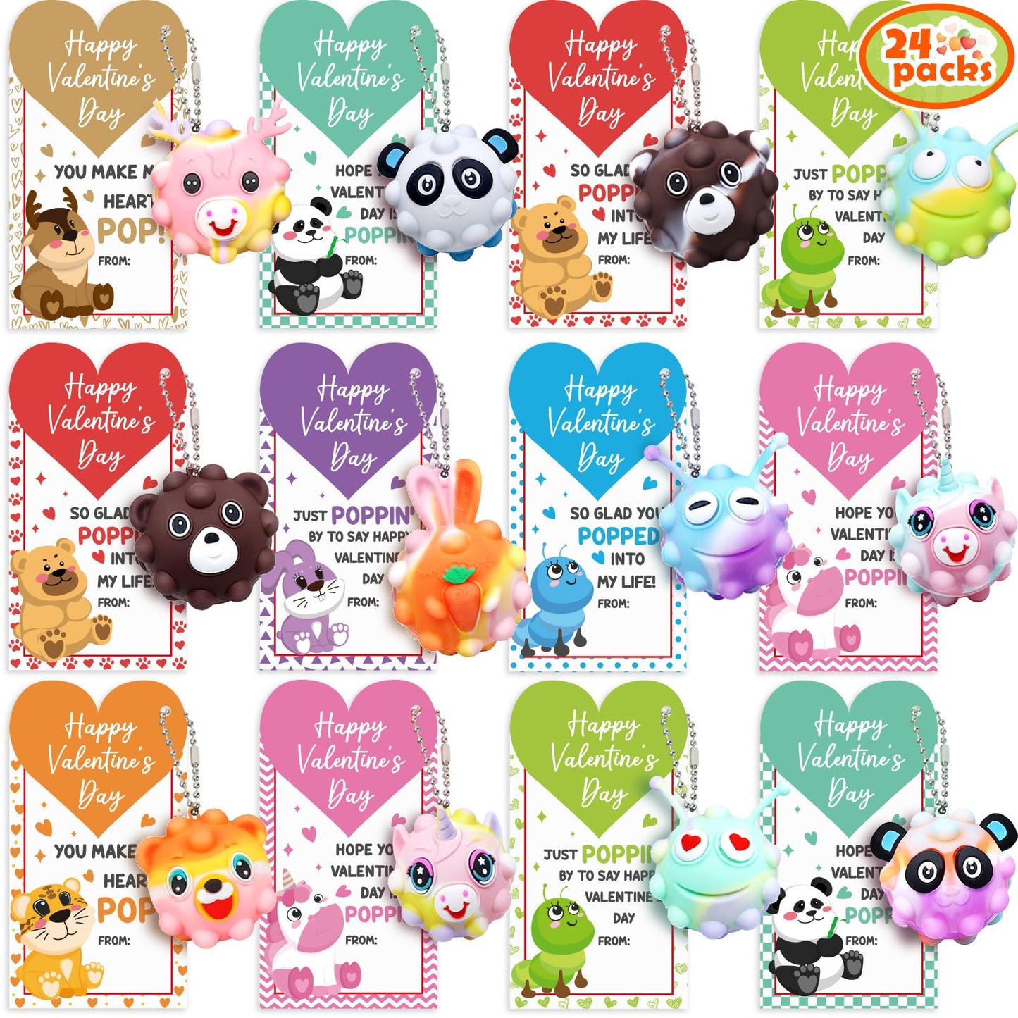 Asoulin 24PCS Valentines Day Cards with 3D Animal Pop Fidgets – Classroom Gifts & Party Favors