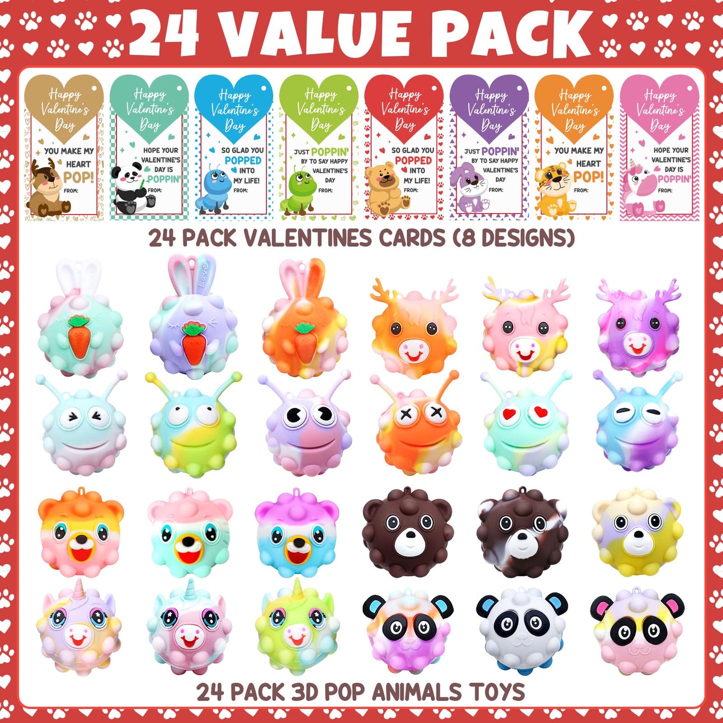 Asoulin 24PCS Valentines Day Cards with 3D Animal Pop Fidgets – Classroom Gifts & Party Favors