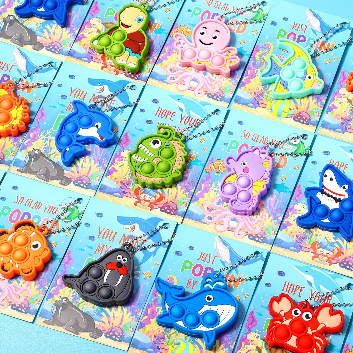 Asoulin 24PCS Sea Animal Pop Fidget Keychains + Valentines Cards – Classroom Party Favors