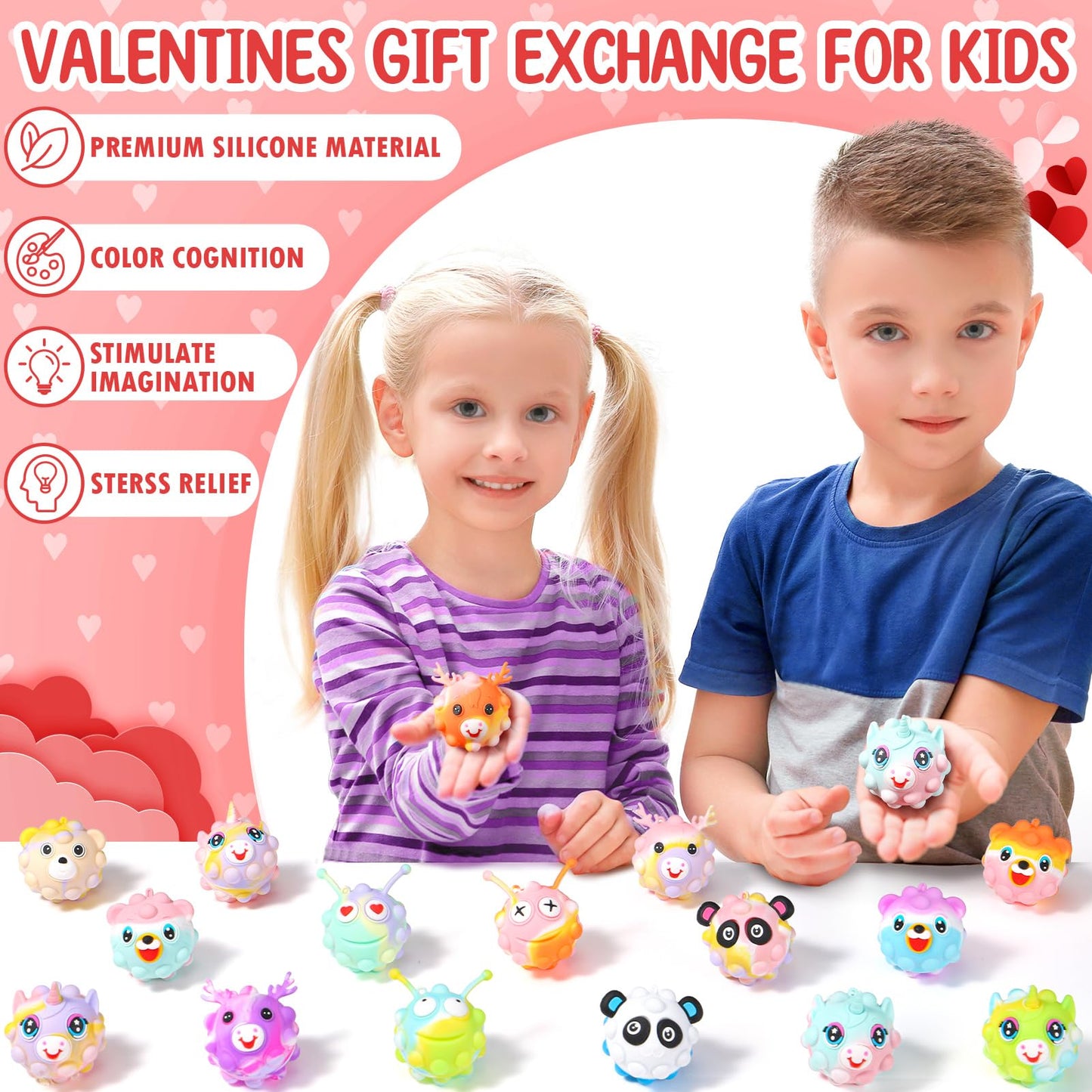 Asoulin 24PCS Valentines Day Cards with 3D Animal Pop Fidgets – Classroom Gifts & Party Favors
