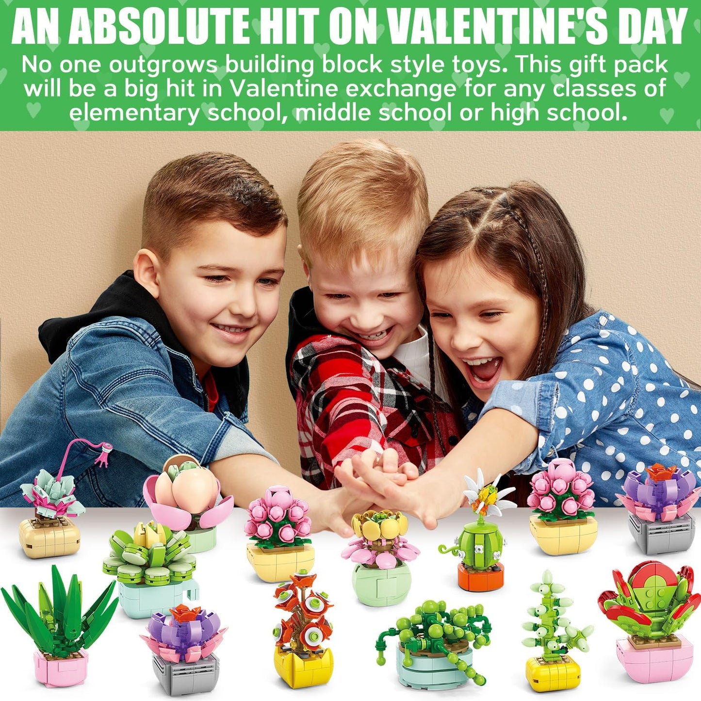 Asoulin 24Pcs Flowers & Succulents Building Blocks Valentine Cards for Kids – Party Favors & Classroom Prizes