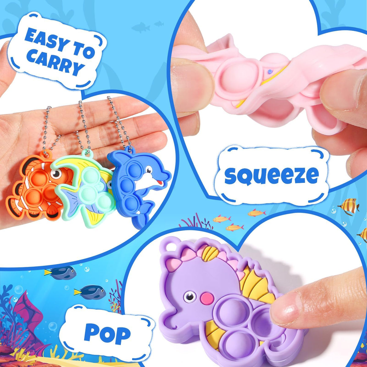 Asoulin 24PCS Sea Animal Pop Fidget Keychains + Valentines Cards – Classroom Party Favors
