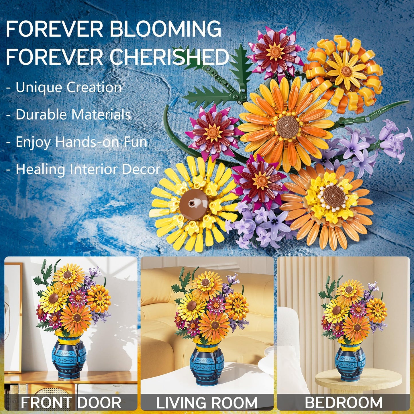 Asoulin Flower Bouquet Building Set with Vase – 1065PCS Sunflower Collection