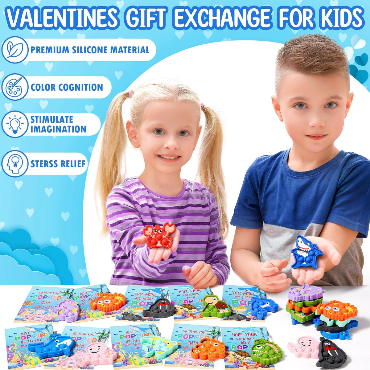 Asoulin 24PCS Sea Animal Pop Fidget Keychains + Valentines Cards – Classroom Party Favors