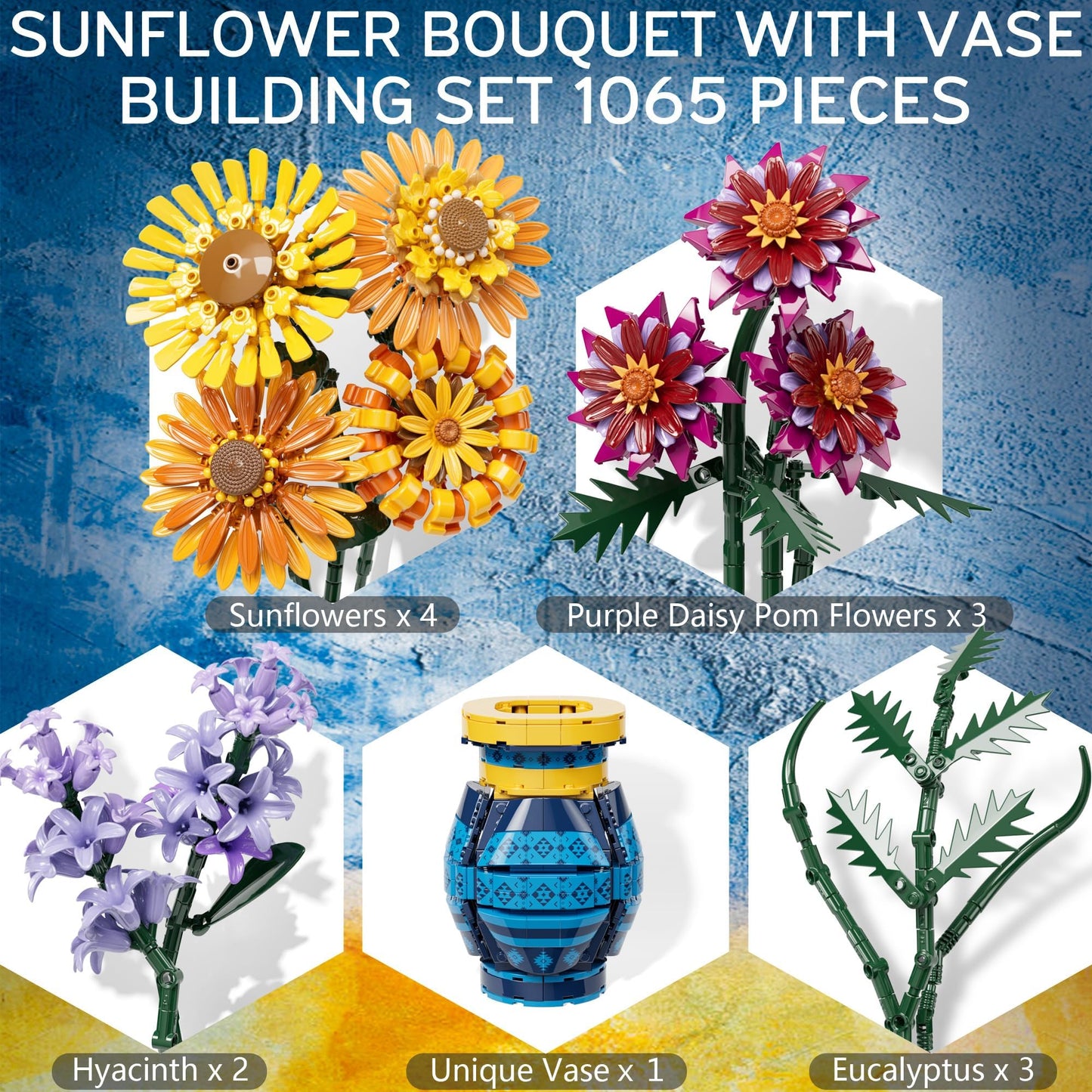 Asoulin Flower Bouquet Building Set with Vase – 1065PCS Sunflower Collection