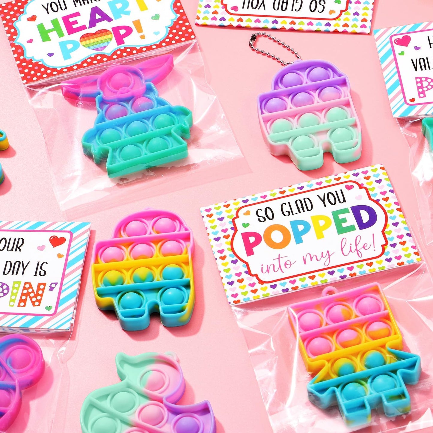 Asoulin 24-Pack Pop Fidget Keychains with Valentines Cards – Classroom Party Favors