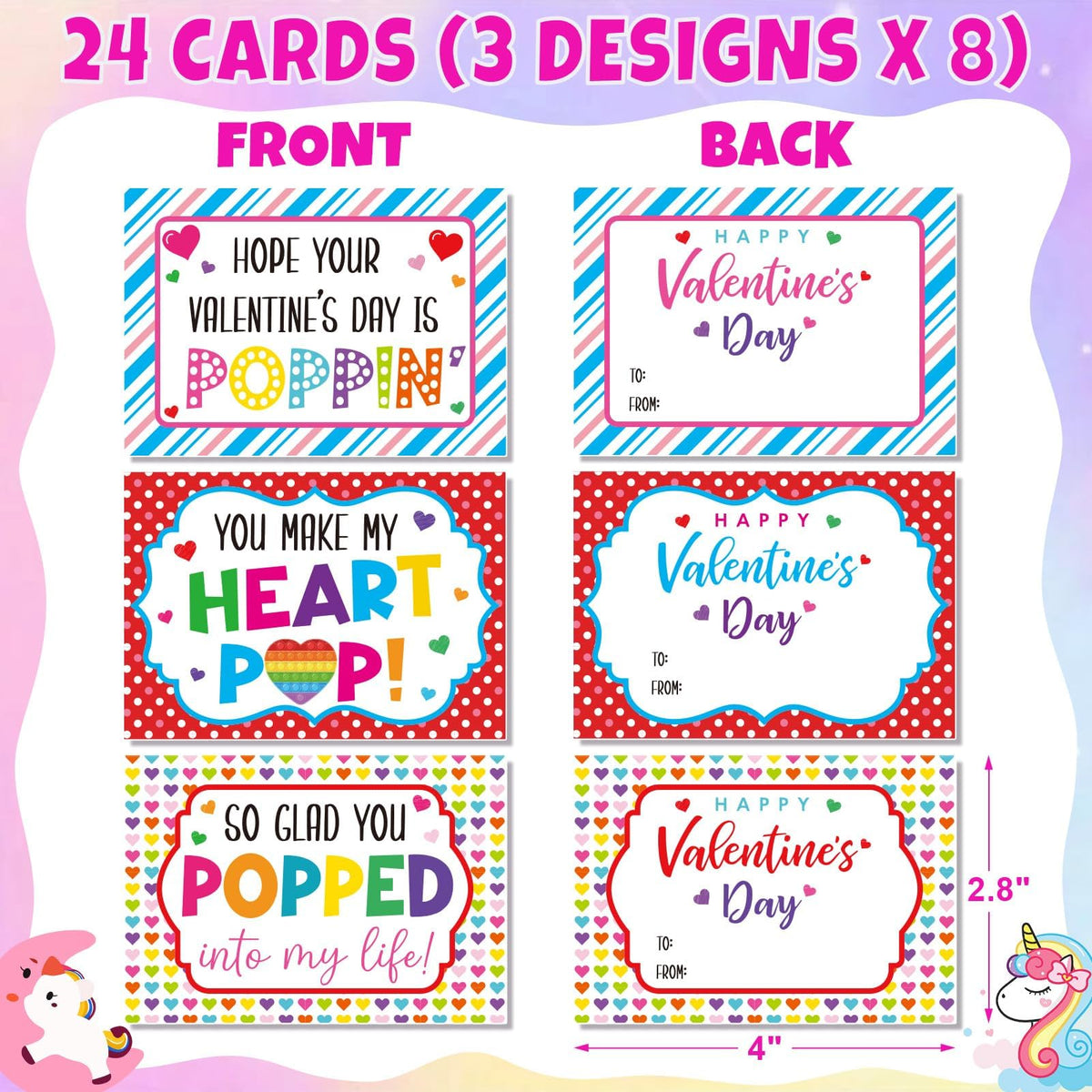 Asoulin 24-Pack Unicorn Pop Fidget Keychains with Valentine Cards – Kids Party Favors & Classroom Gifts