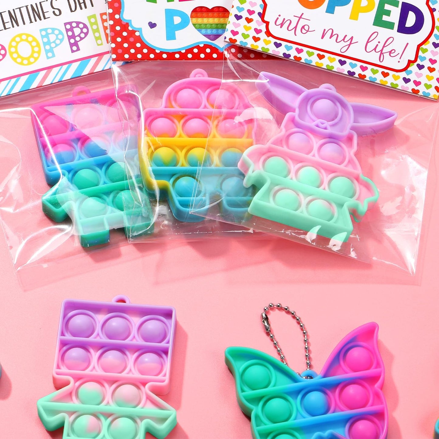 Asoulin 24-Pack Pop Fidget Keychains with Valentines Cards – Classroom Party Favors