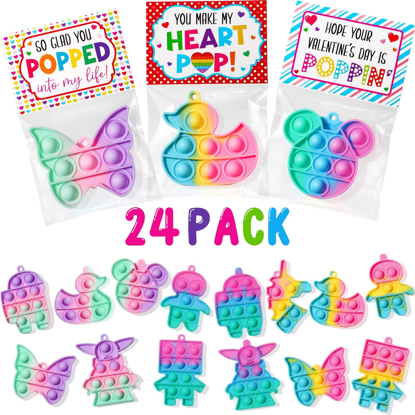 Asoulin 24-Pack Pop Fidget Keychains with Valentines Cards – Classroom Party Favors