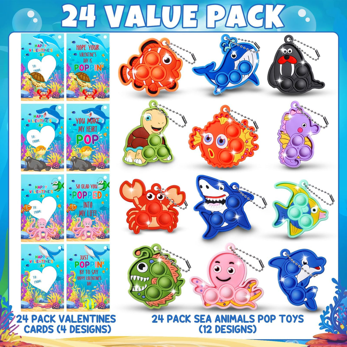 Asoulin 24PCS Sea Animal Pop Fidget Keychains + Valentines Cards – Classroom Party Favors