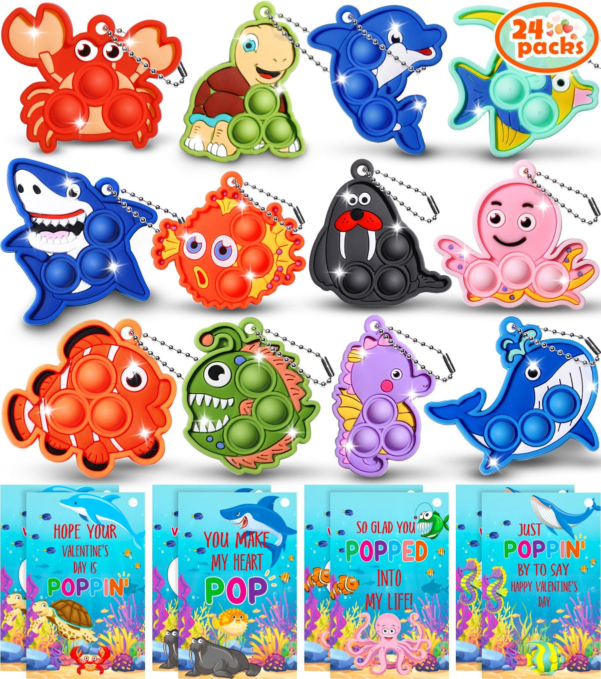 Asoulin 24PCS Sea Animal Pop Fidget Keychains + Valentines Cards – Classroom Party Favors