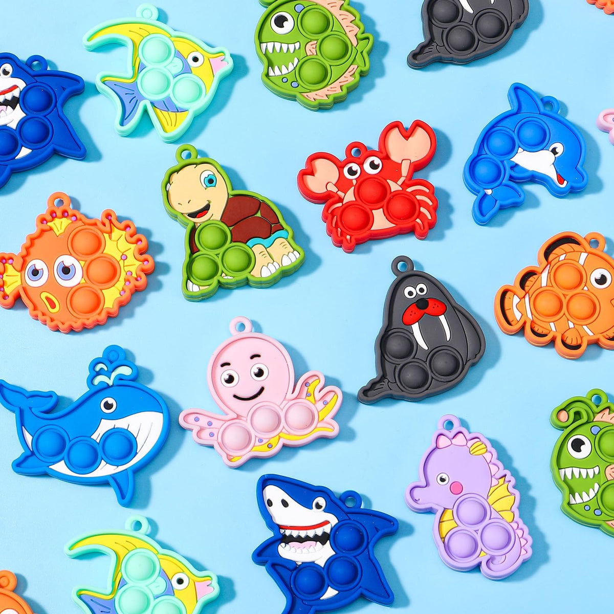 Asoulin 24PCS Sea Animal Pop Fidget Keychains + Valentines Cards – Classroom Party Favors