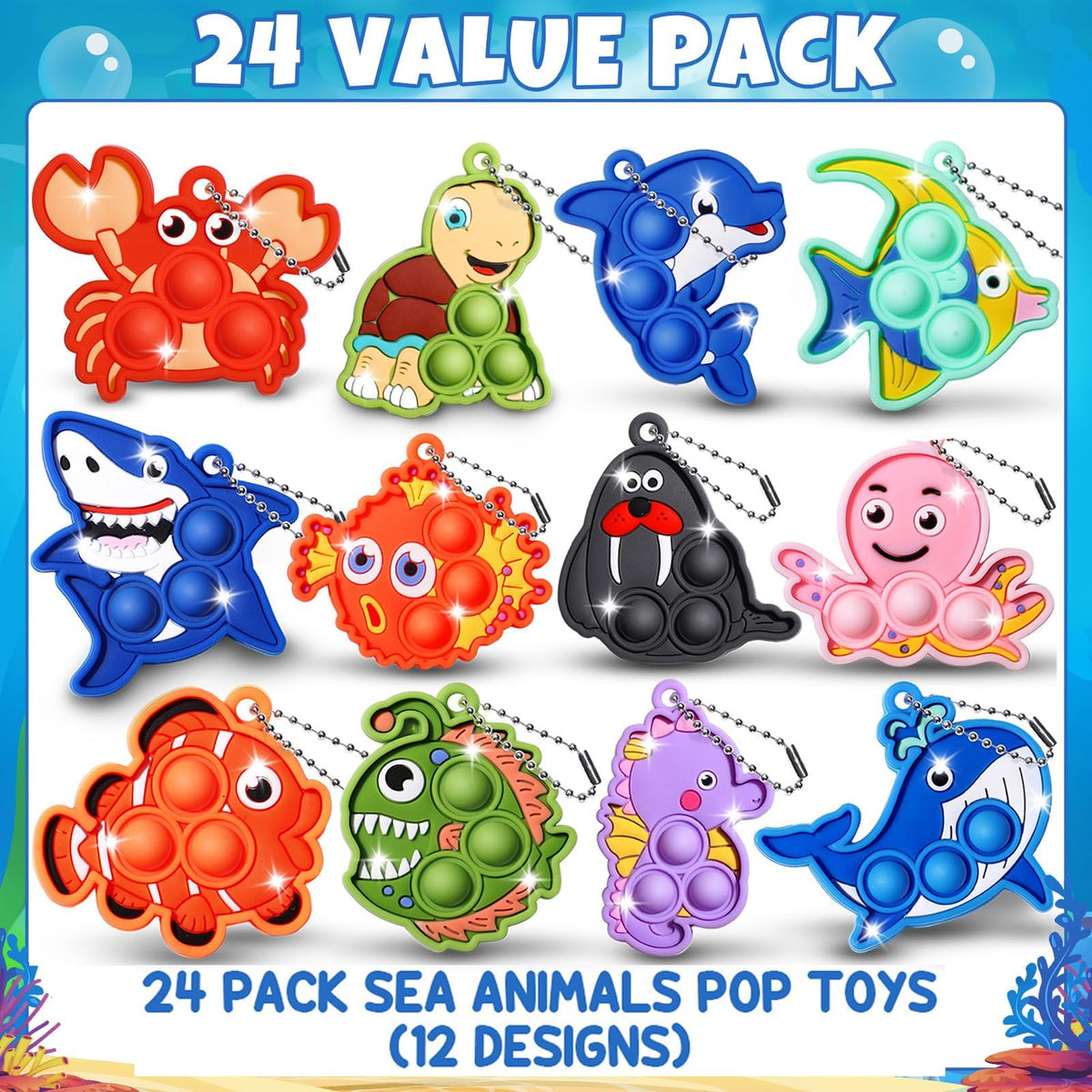 Asoulin 24PCS Sea Animal Pop Fidget Keychains + Valentines Cards – Classroom Party Favors