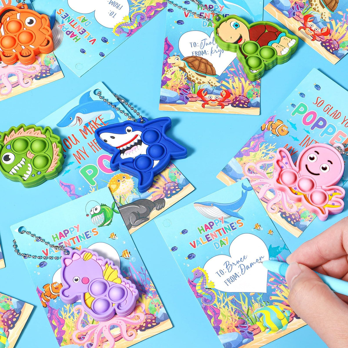 Asoulin 24PCS Sea Animal Pop Fidget Keychains + Valentines Cards – Classroom Party Favors