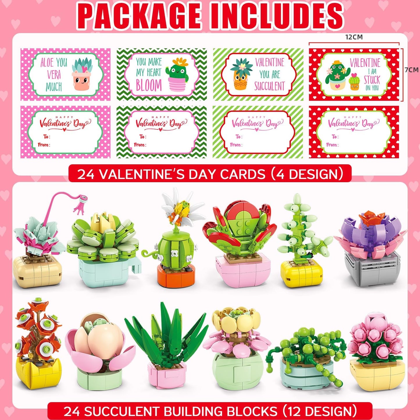 Asoulin 24Pcs Flowers & Succulents Building Blocks Valentine Cards for Kids – Party Favors & Classroom Prizes