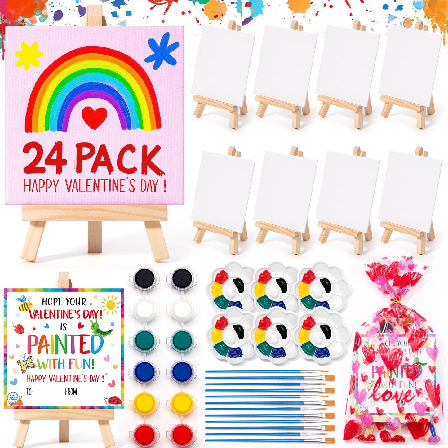 Asoulin 24-Set Mini Acrylic Paint Kit for Kids - Valentines Cards, Wood Easel & Canvases