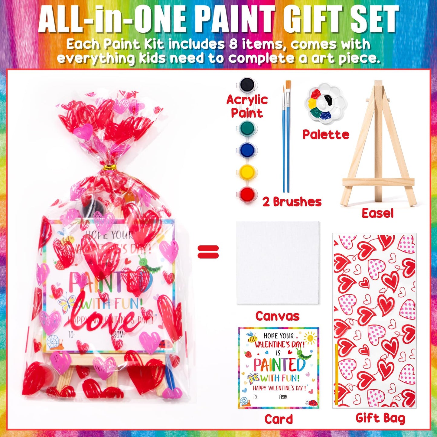 Asoulin 24-Set Mini Acrylic Paint Kit for Kids - Valentines Cards, Wood Easel & Canvases