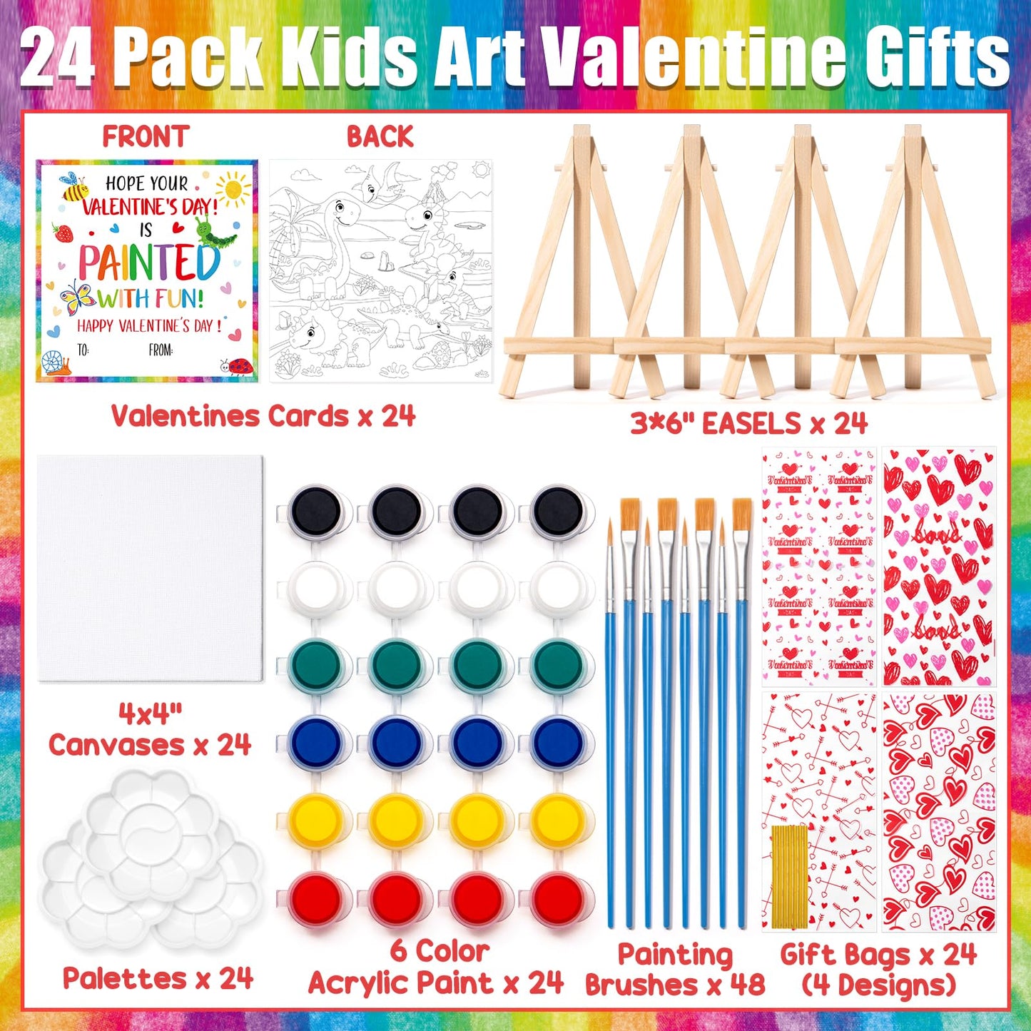 Asoulin 24-Set Mini Acrylic Paint Kit for Kids - Valentines Cards, Wood Easel & Canvases