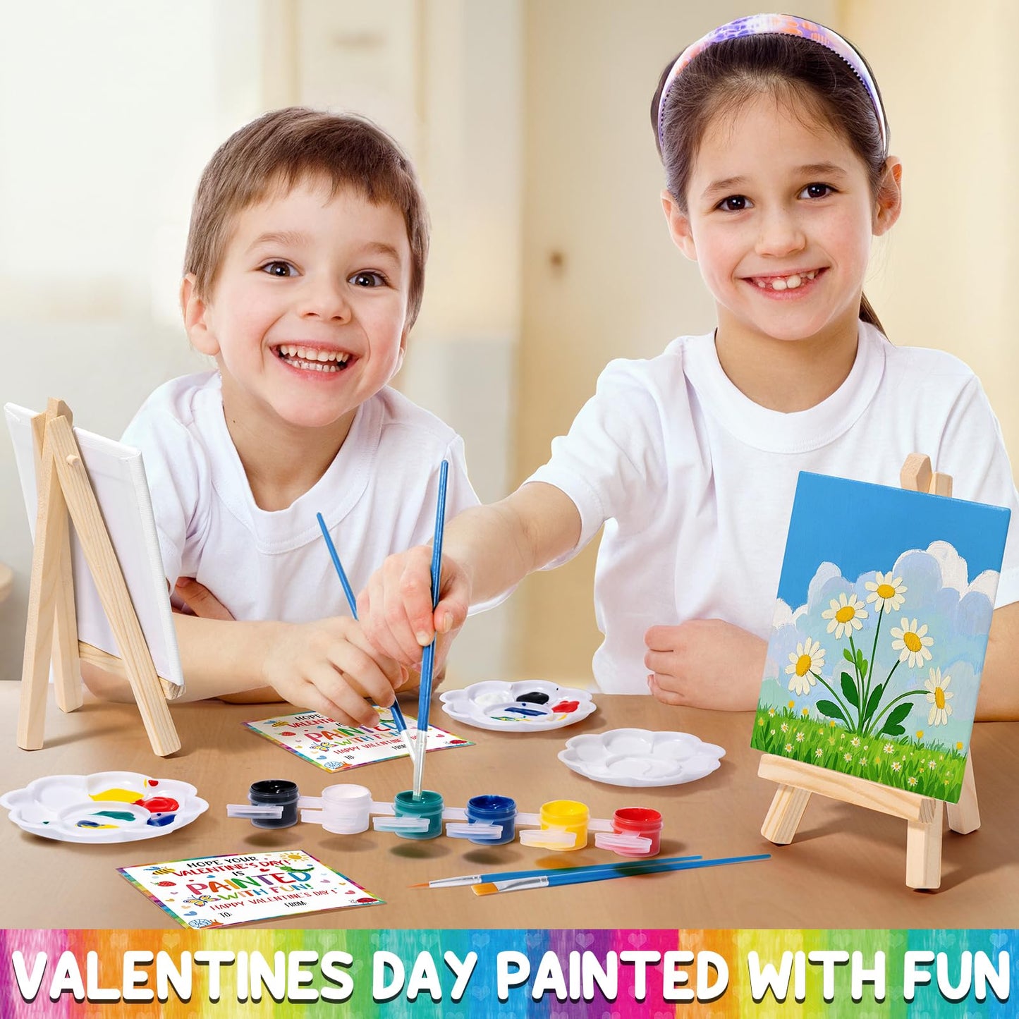 Asoulin 24-Set Mini Acrylic Paint Kit for Kids - Valentines Cards, Wood Easel & Canvases